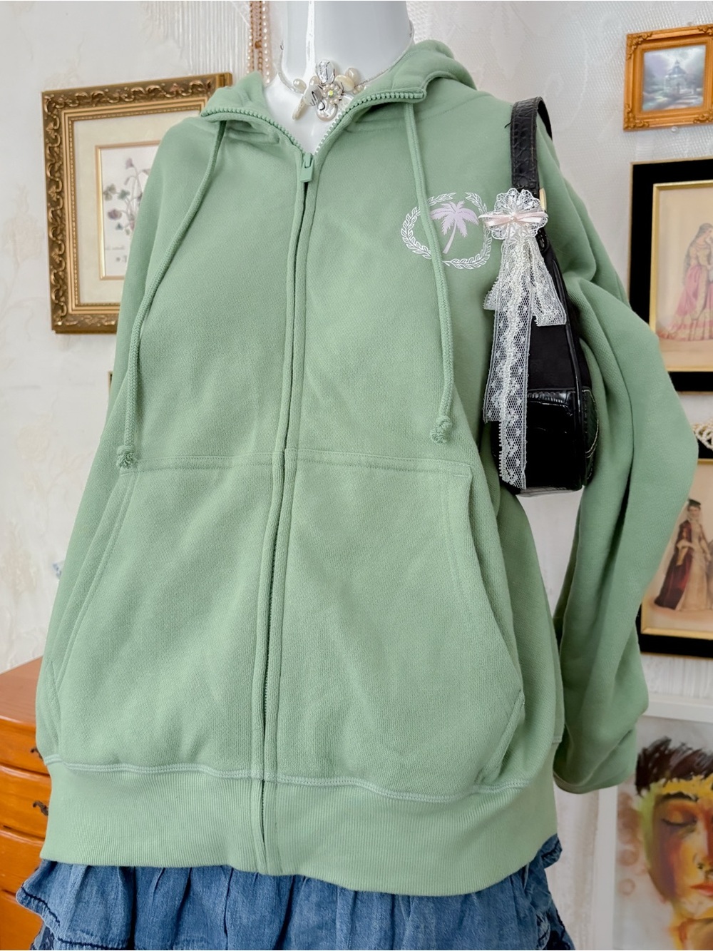 Preppy coastal casual girly California palm tree graphics zip up hoodie - Picture 3 of 8